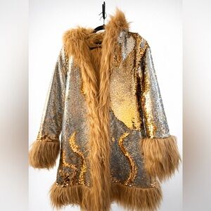 Rare Indie Designer hooded XS Coat Festival Rave Reversible Sequins and Faux Fur